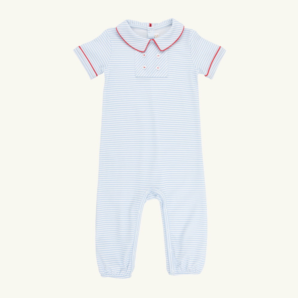 Benny Button Romper - Beale Street Blue Stripe/Richmond Red