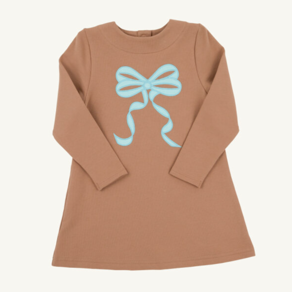 Eliza's Bow Applique Dress - Cape Elizabeth Camel/ Edisto Egg Blue