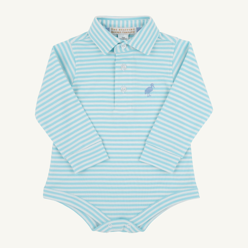 L/S Prim & Proper Polo Onesie - Belhaven Blue Stripe/ Barrington Blue