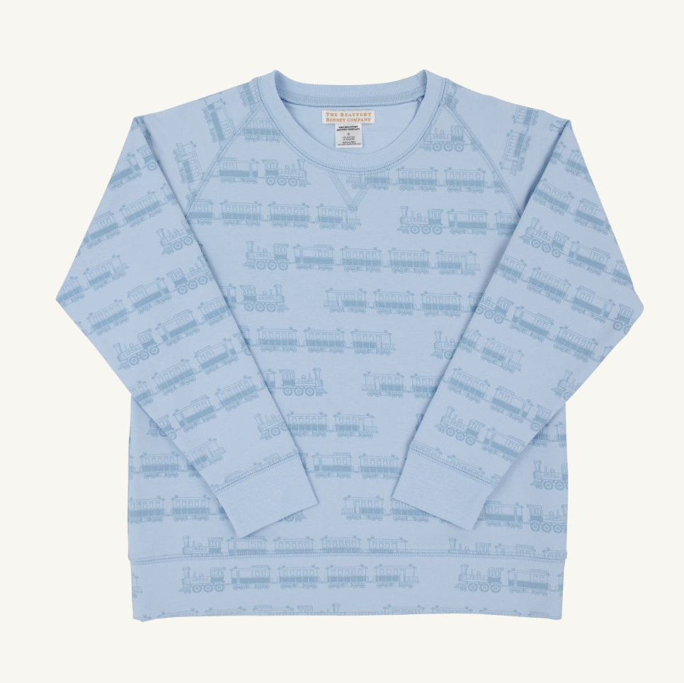 Boys Comfy Crewneck - Blue Choo Choos (Beale Street Blue)