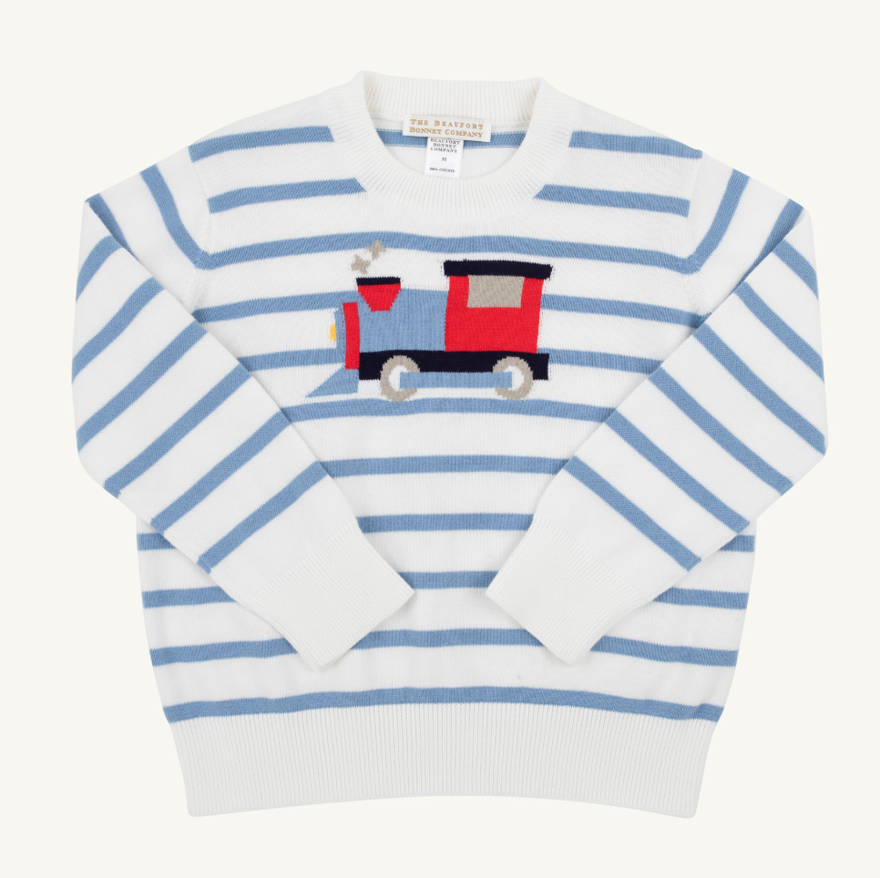 Isaac's Intarsia Sweater - Train / Barrington Blue Stripe